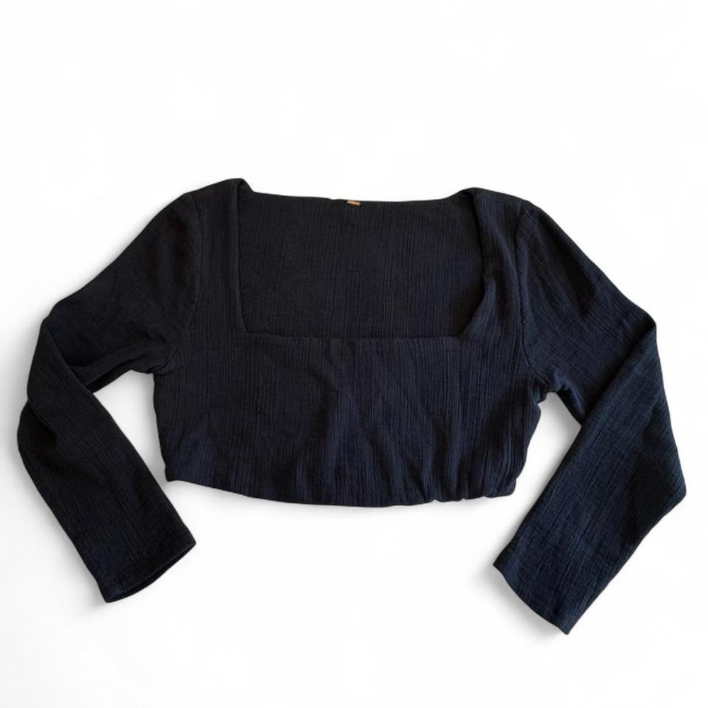 Free People Black/Navy Square Neck Long Sleeve Ribbed Crop Top